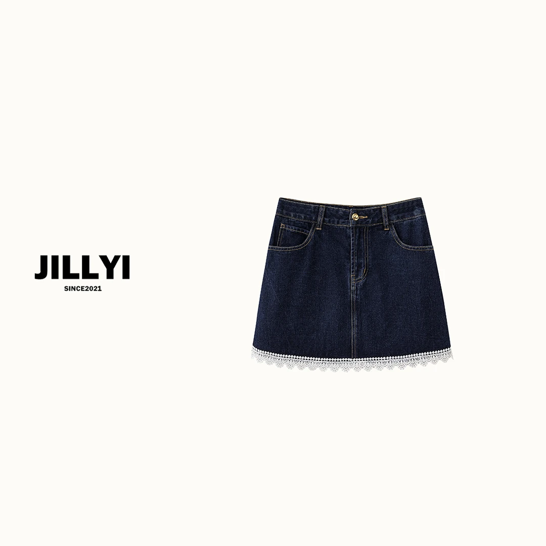 JILLYI南山店【牛仔蕾丝】水洗蓝高腰牛仔半裙蕾丝下摆拼接时尚百搭
