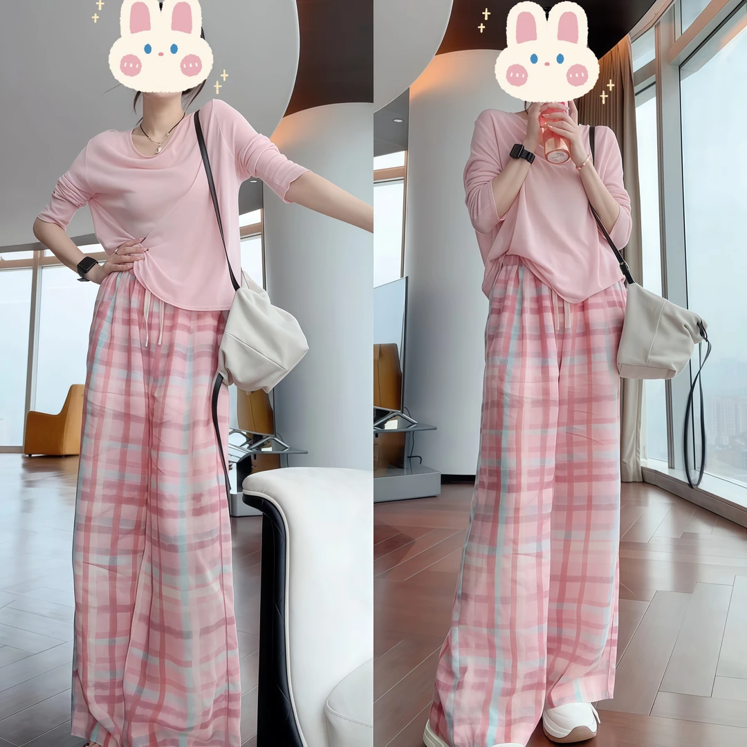 超薄针织气质天丝亚麻混纺上衣+超薄定制面女装新款裤子BB50152