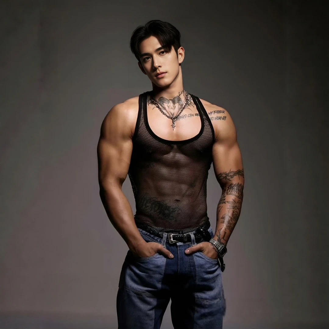 艺术写真嘻哈背心健身打底紧身无袖镂空网眼性感透视夜店演出服男