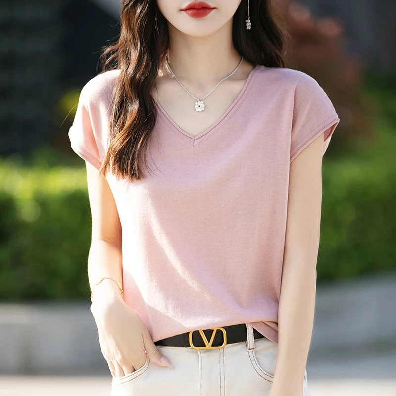 哥弟阿玛施正品V领桑蚕丝短袖t恤女2025夏薄款宽松冰丝针织上衣女