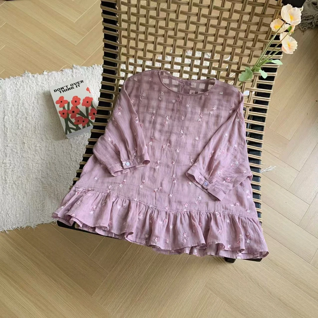 素心轻奢2025夏季文艺森系甜美减龄苎麻刺绣花边拼接前后两穿小衫