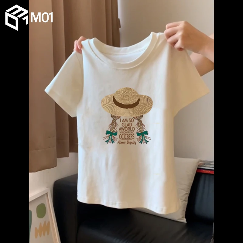 M01白色正肩女士短袖t恤2025夏季新款修身显瘦休闲独特超好看上衣