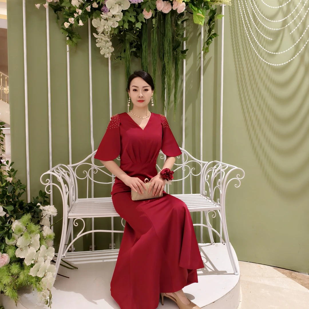 欧妃媛妈妈晚礼服25006钉珠V领长款礼服设计师 中高腰