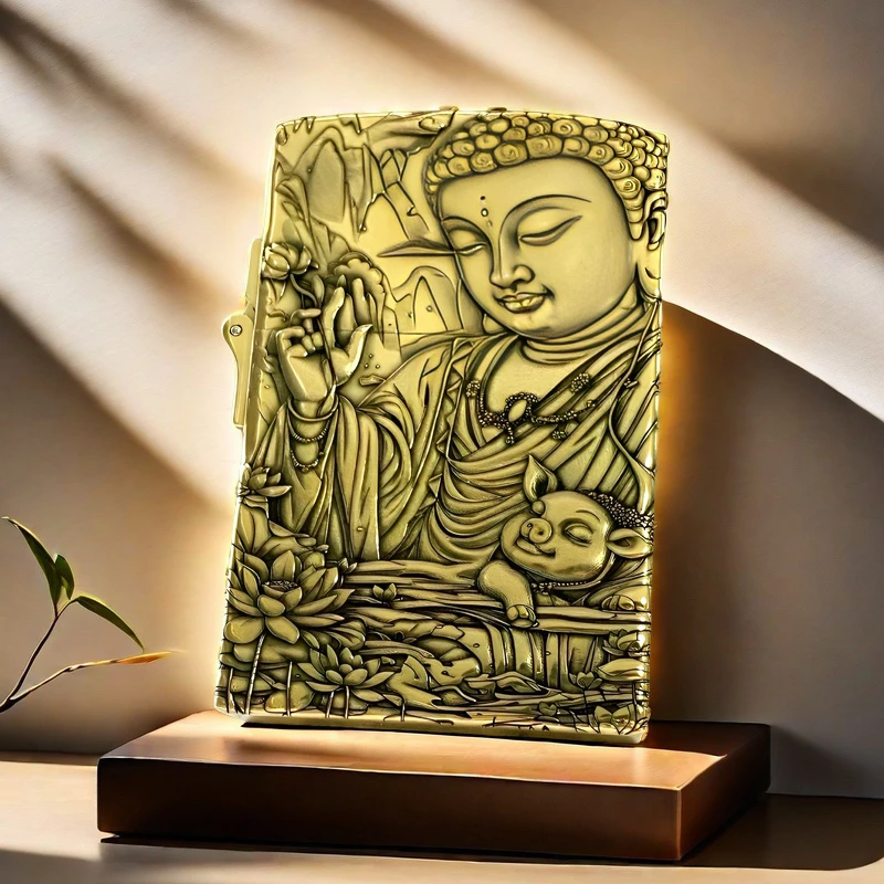 593大重甲黄铜打火机双面浮雕阿弥陀佛生肖猪拈花佛手重约350克