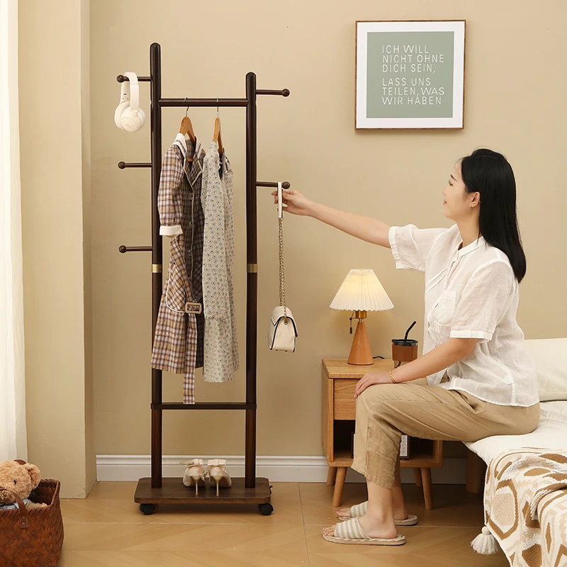 挂衣架实木落地衣帽架实木玄关卧室简约万向轮可移动衣架子大双杆