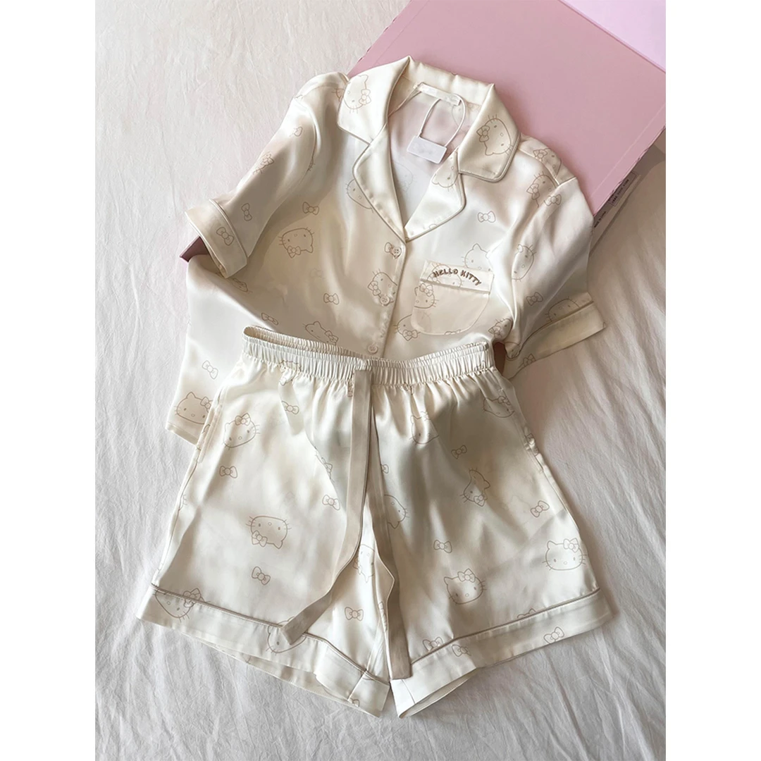 夏日运动风缎面轻薄冰丝睡衣女夏天舒适亲肤短袖短裤家居服套装