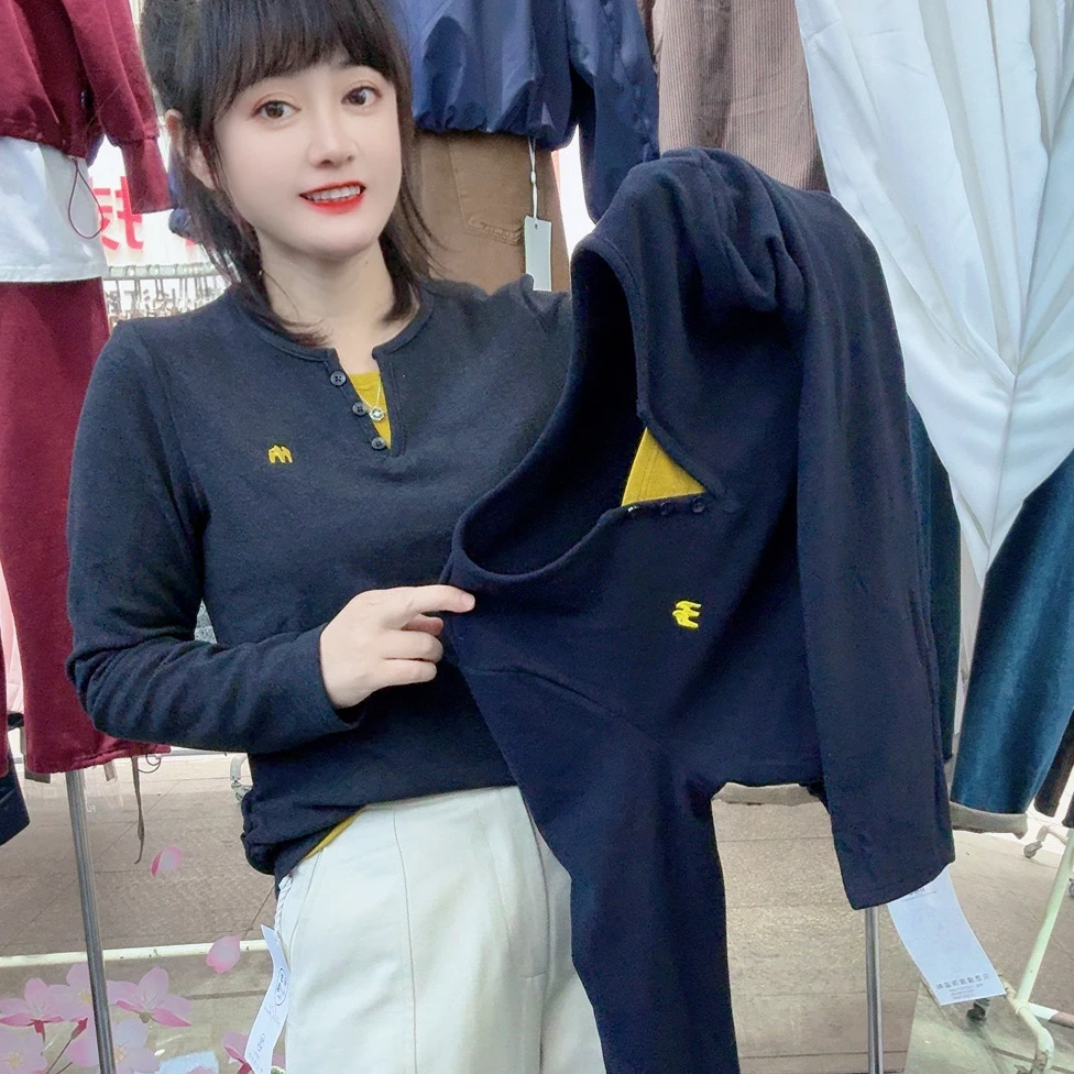 秋冬新款磨毛加厚简约百搭假两件长袖打底衫T恤女显瘦通勤时尚潮