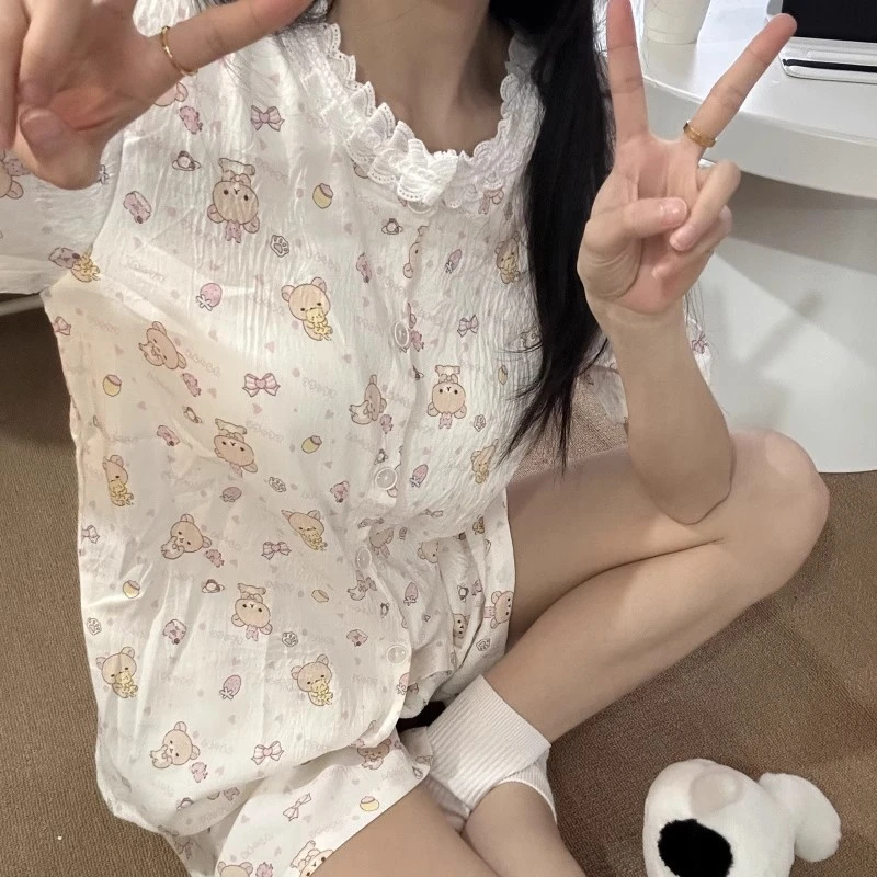 可爱睡衣女2025年新款夏季带胸垫蕾丝短袖薄款卡通学生家居服套装