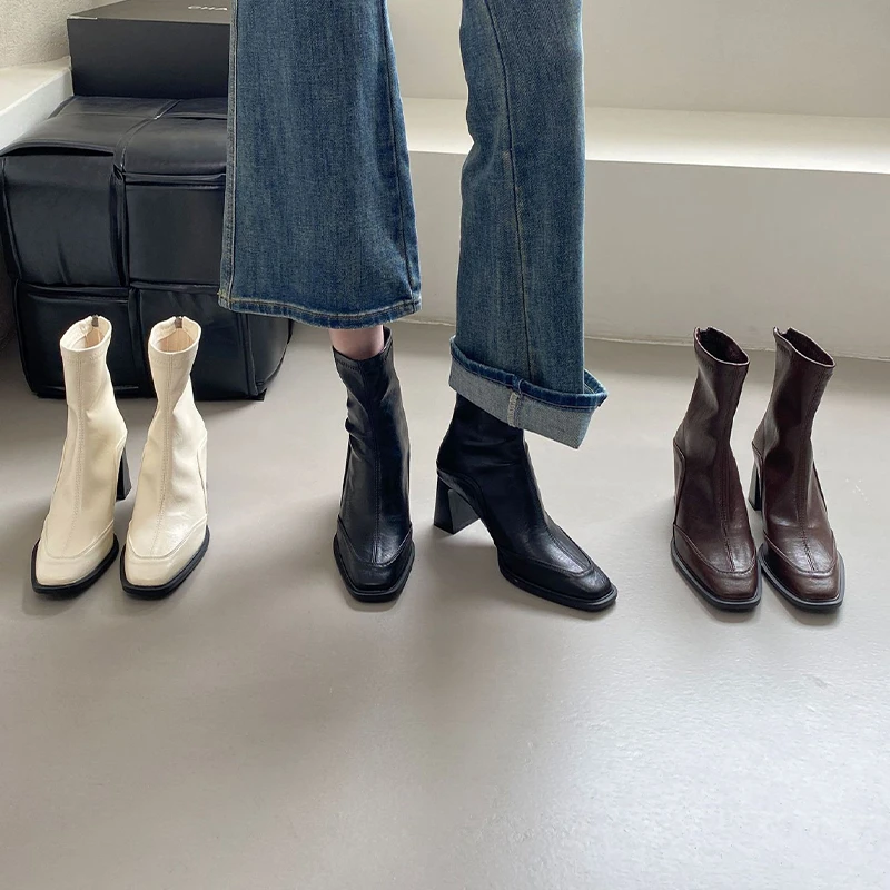 法式女短靴2025秋冬季新款粗高跟显瘦弹力靴时尚小方头女骑士靴