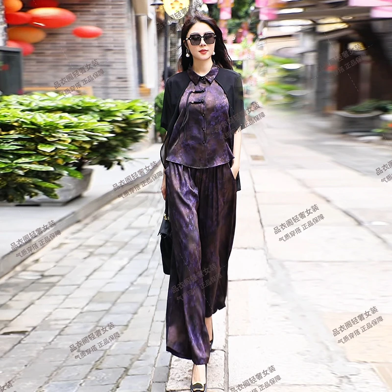 2025夏季轻奢时尚国风套装女宽松阔腿裤醋酸缎高级感减龄二件套