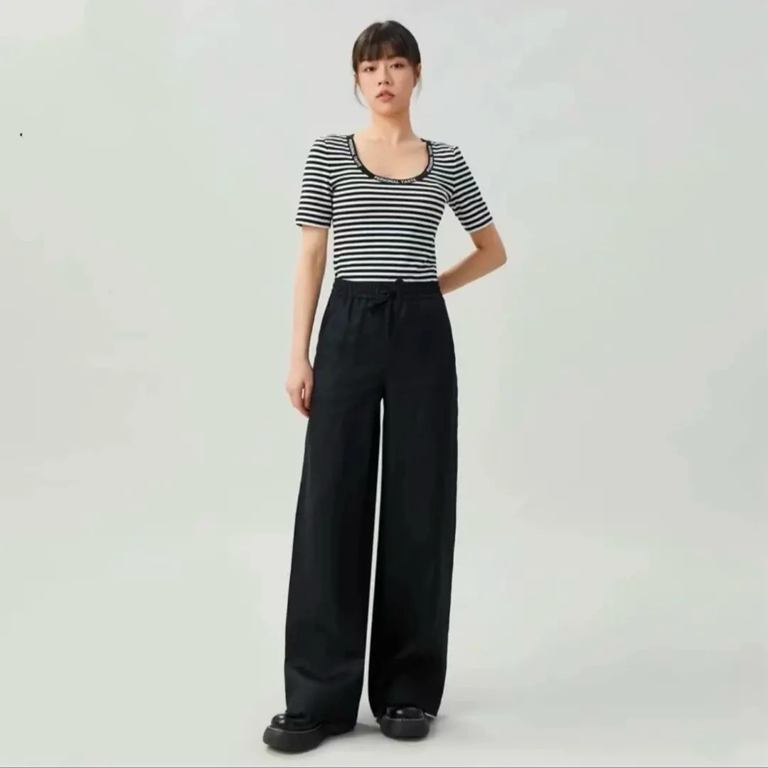 【阿玛施AMASS】休闲显瘦松紧腰凉爽舒适直筒亚麻长裤5100552