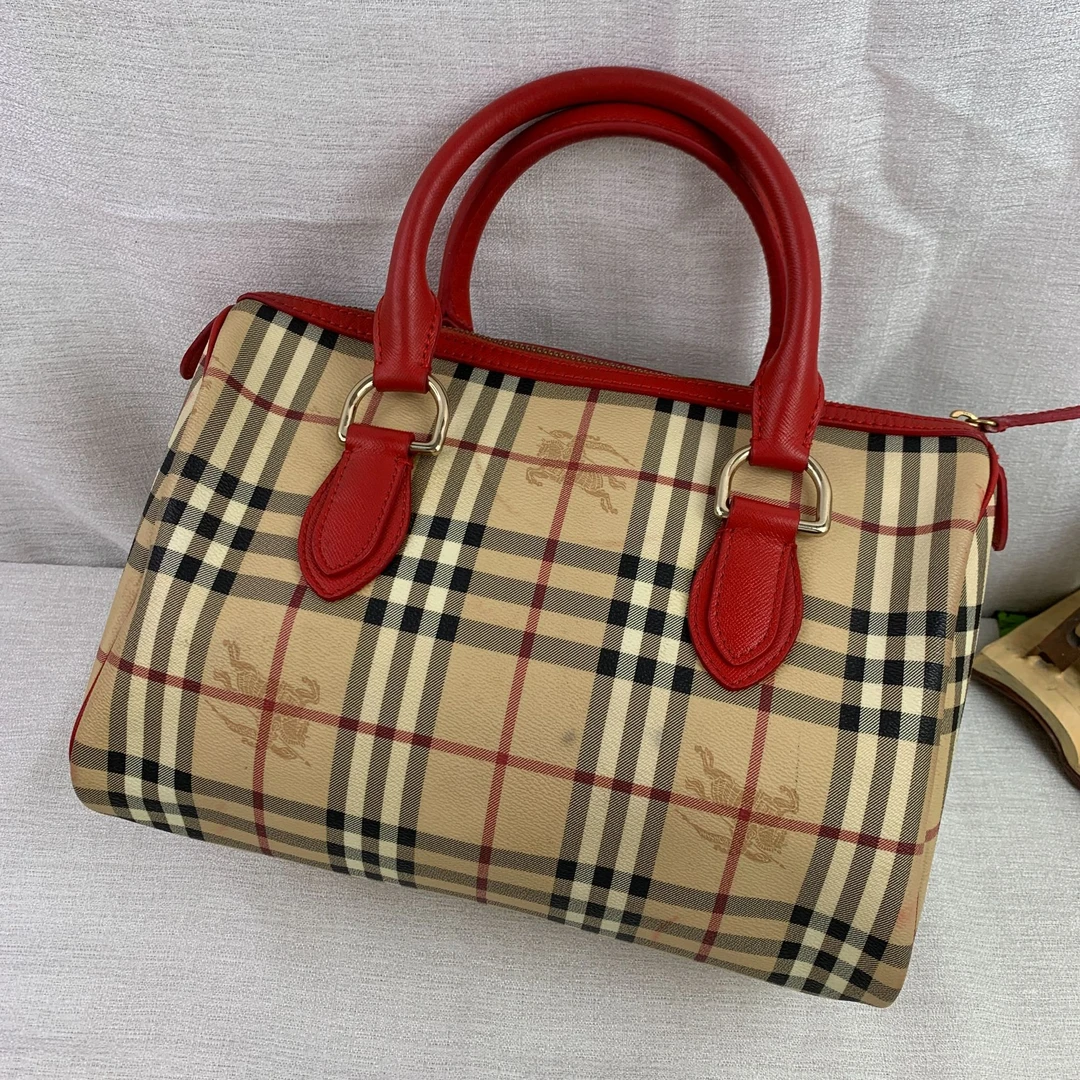 95新 BURBERRY/博柏利 红皮战马格纹波士顿包/ZH10420021/0021