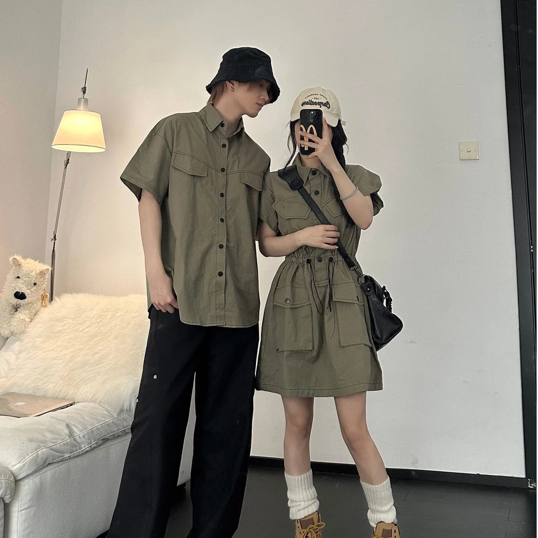 情侣装夏季新款日系复古工装抽绳收腰短袖衬衫连衣裙一裙一衣