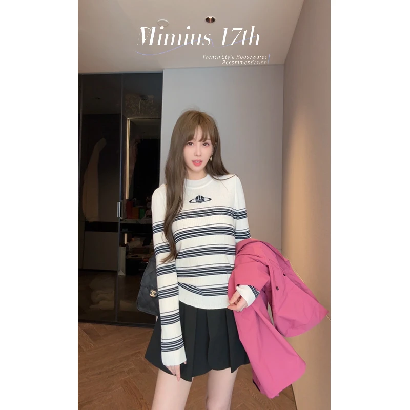 【mimius】肉肉 土星撞色条纹修身显瘦打底针织衫 WG08064