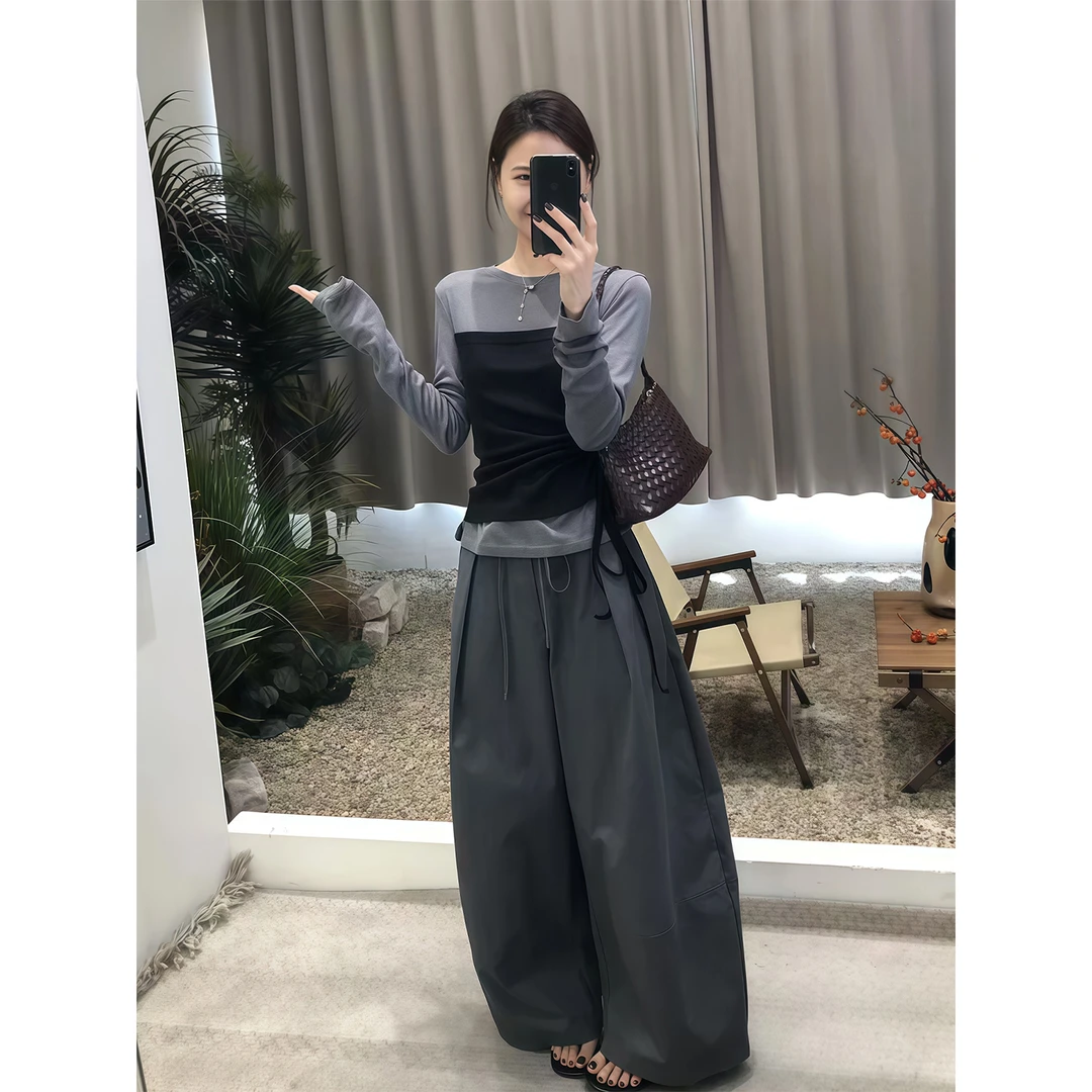 纯欲辣妹正肩拼接假两件长袖T恤女2025秋季新款修身显瘦内搭上衣