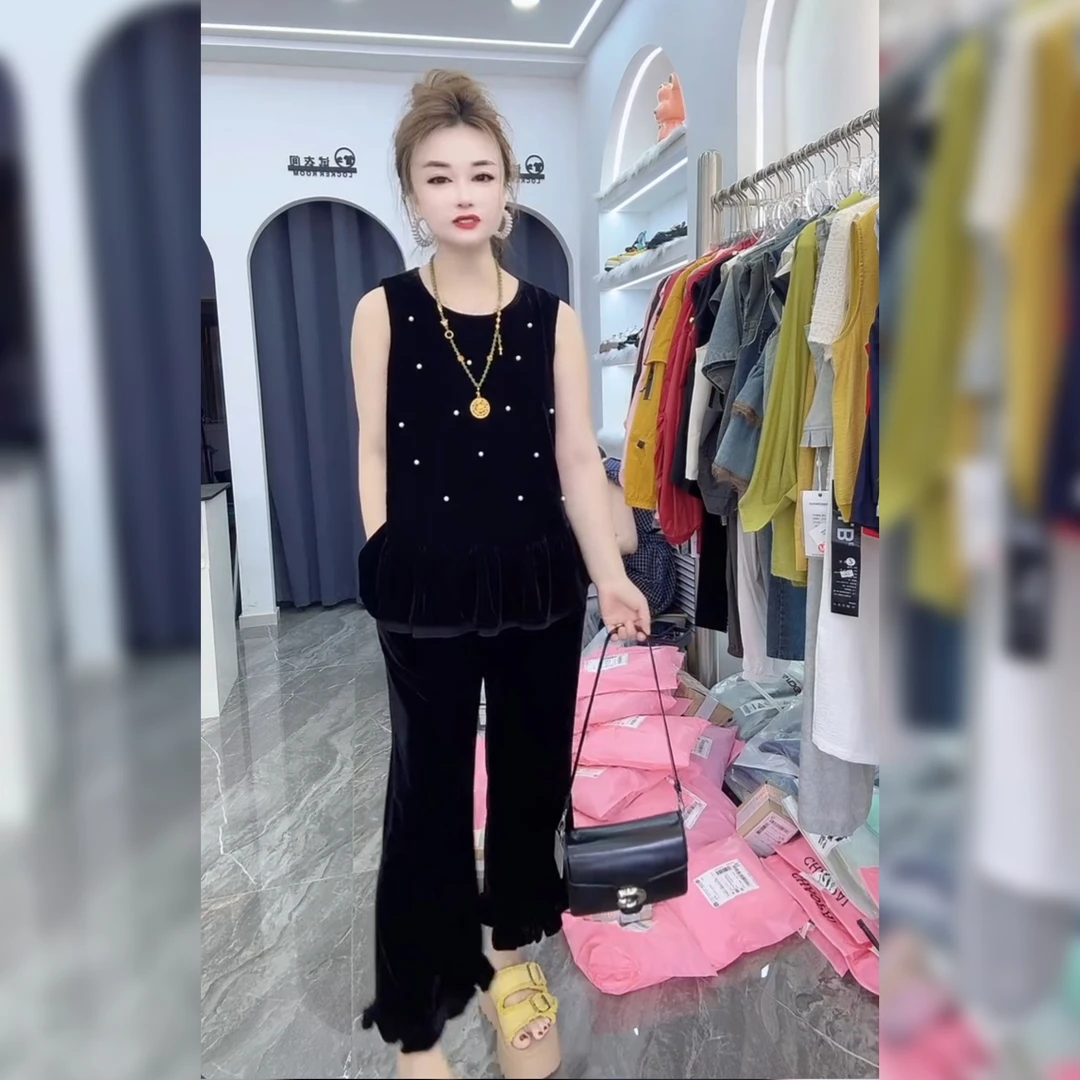 欧货真丝绒钉珠无袖上衣直筒裤套装女夏薄款高级感丝绒上衣裤套装