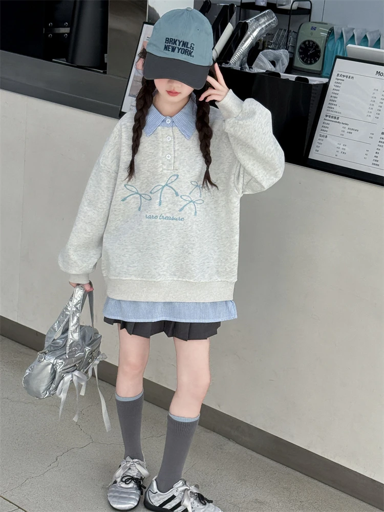 女童卫衣秋装2025新款儿童秋季翻领假两件中大童洋气春秋日韩童装