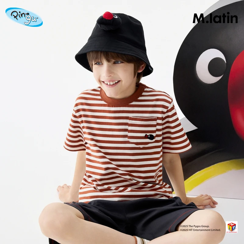 【商场同款】马拉丁T恤25秋新款男大童pingu条纹贴袋短袖