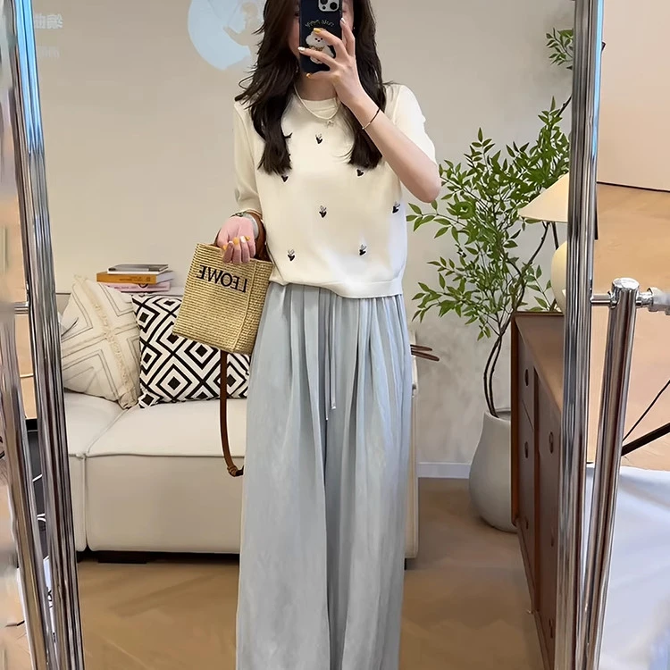 2025超火夏装套装独特设计感超好看短袖针织衫女阔腿休闲裤两件套
