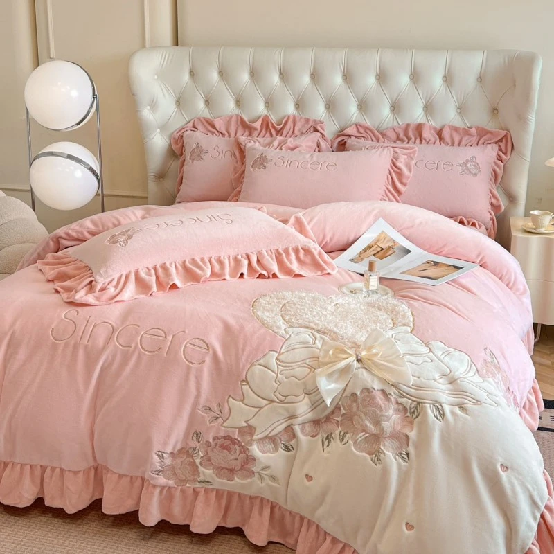 冬季加厚保暖花边款加厚牛奶绒四件套床上用品被套加绒三件套