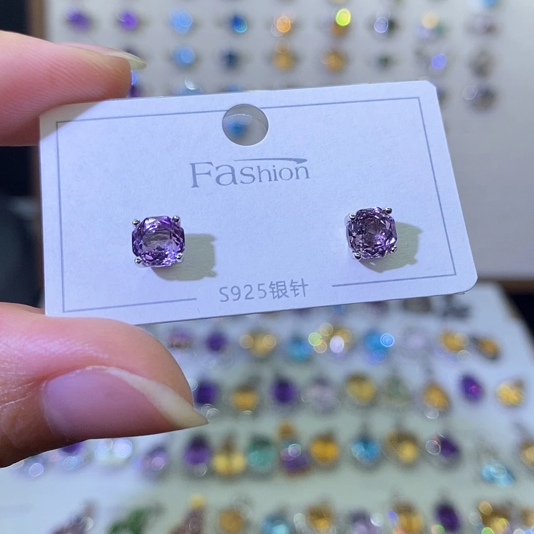 紫晶耳钉银S925镶嵌需要证书备注