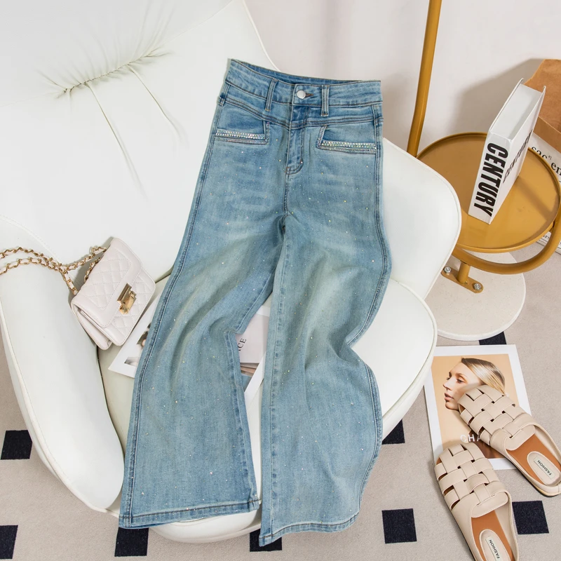 高腰烫钻显瘦牛仔裤女新款弹力百搭修身宽松直筒烟管裤潮新款7858