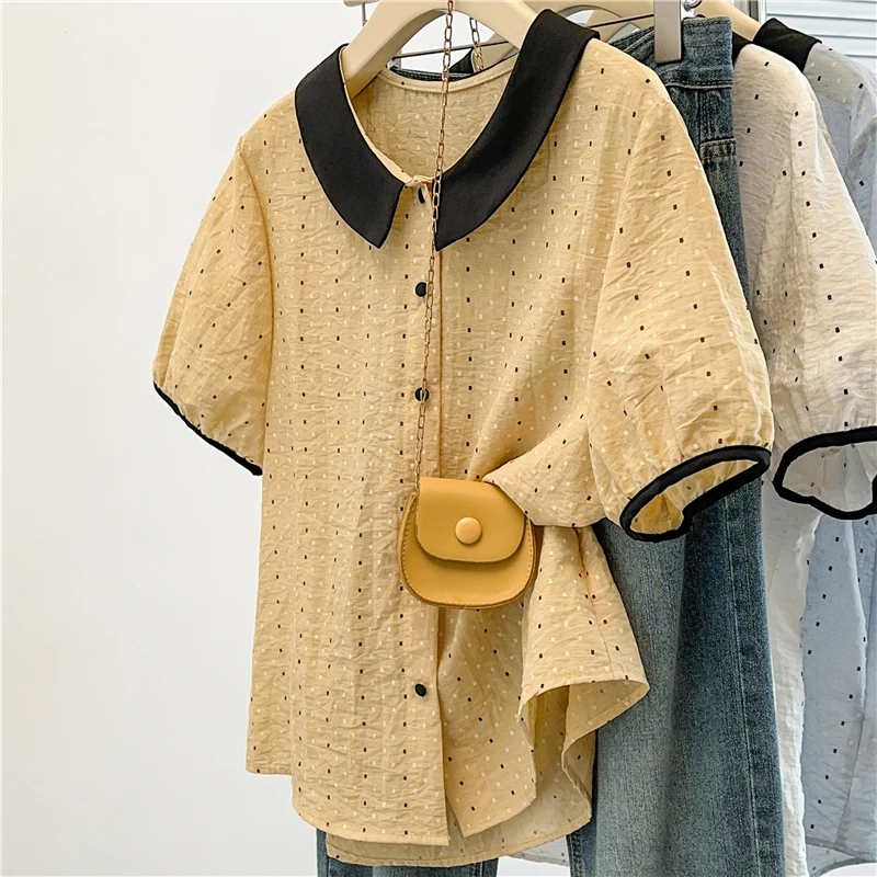 大码胖mm娃娃领衬衫撞色圆点拼接短袖森系小清新甜美小衫上衣女