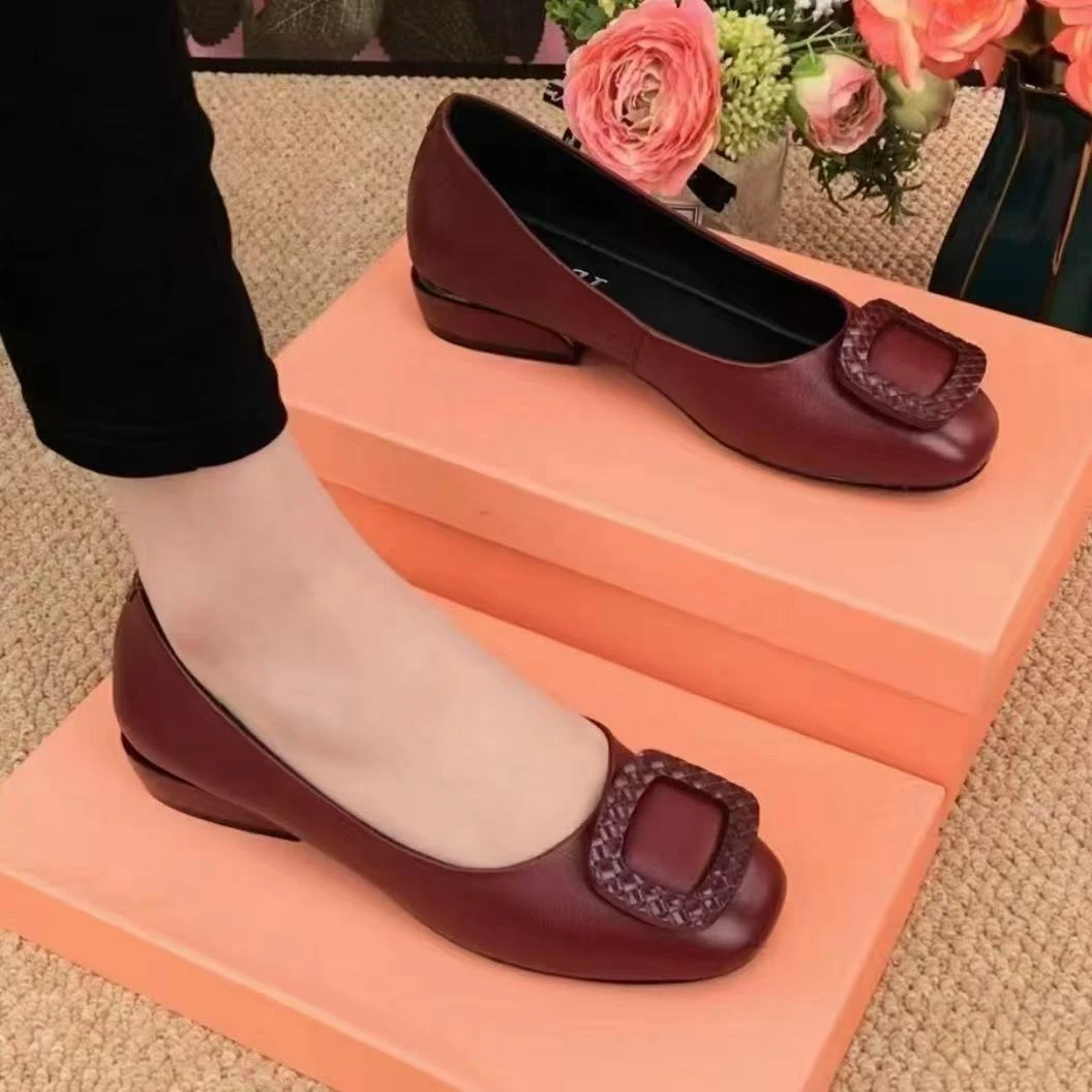 【牛皮撤柜】真皮粗跟豆豆鞋方头套筒单鞋女方口鞋浅口女鞋假日风