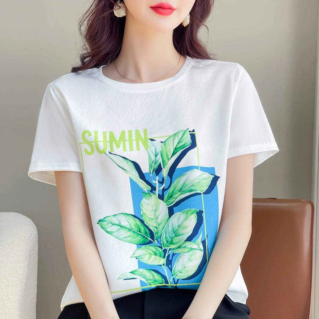 1273新款丝滑缎面冰凉感百搭时尚休闲女T恤AB拼接短袖