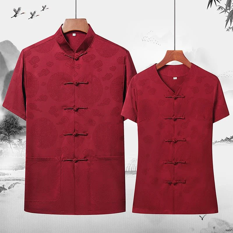唐装中老年父母装爸爸妈妈情侣装夏季短袖套装中国风中式婚宴礼服