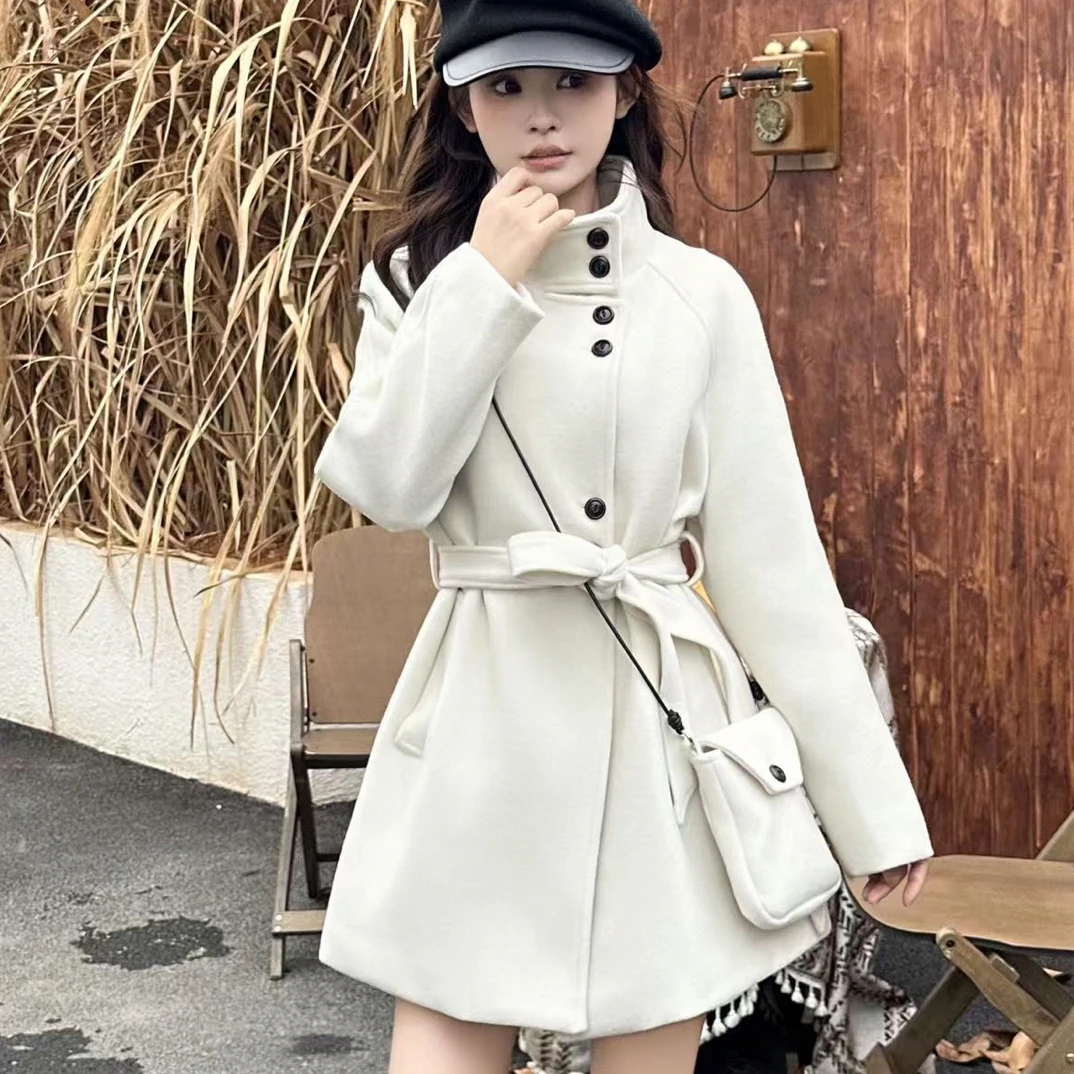 98332衣75立领毛呢外年冬季新款加棉保暖中长款收腰系带显瘦大衣