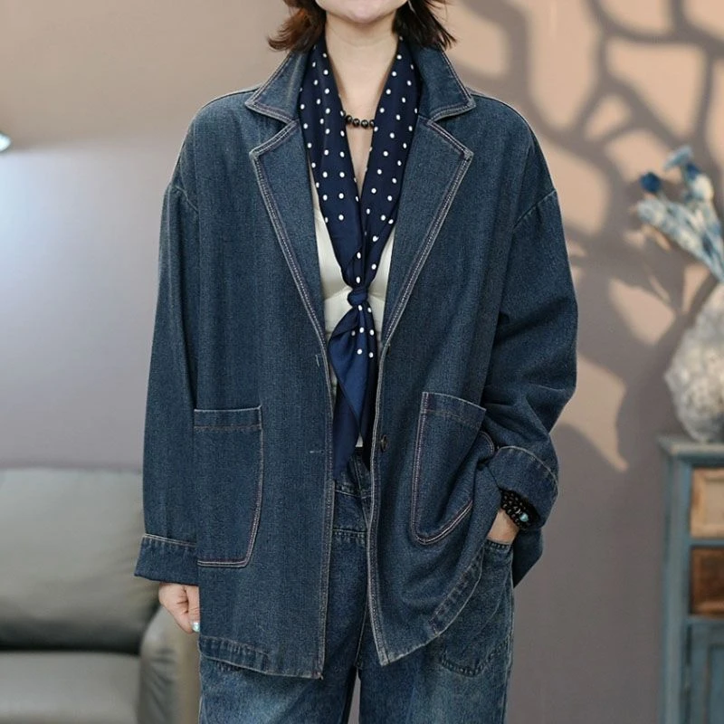 8780蓝色2025秋季新品牛仔西装时尚潮流外套宽松大码上衣