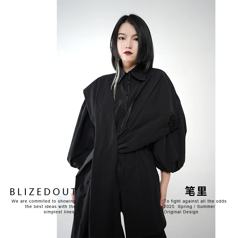 笔里【BLIZEDOUT】原创设计5081610黑色可调节大飘带法式复古衬衫