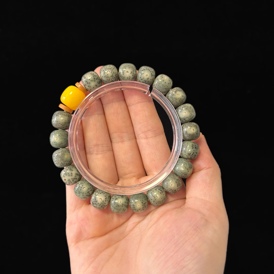 石玉料原生态星月菩提手串老型桶珠11*10mm青绿阴皮菩提子单圈