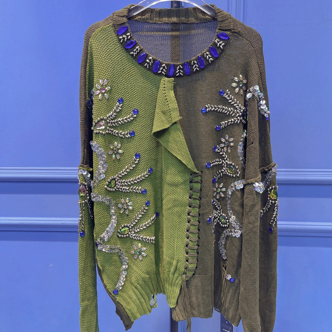 RR1553RR1554RR1555锐宝潮牌手工手绣亮片条纹拼接百搭气质毛衣