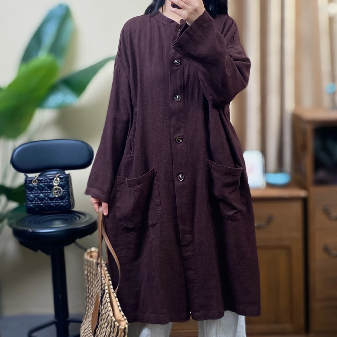 芳姐 2025春季新款设计款休闲文艺显瘦亚麻单排扣大码衬衫外套