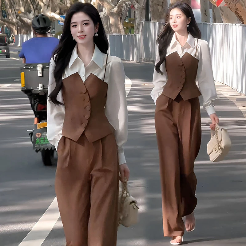 气质职场套装女2025春秋新款高级感撞色拼接上衣阔腿裤两件套潮