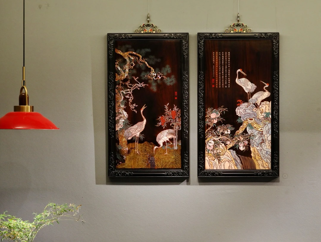 奢侈品老挝大红酸枝大独板对屏【松鹤延年】对屏77.44.3cm
