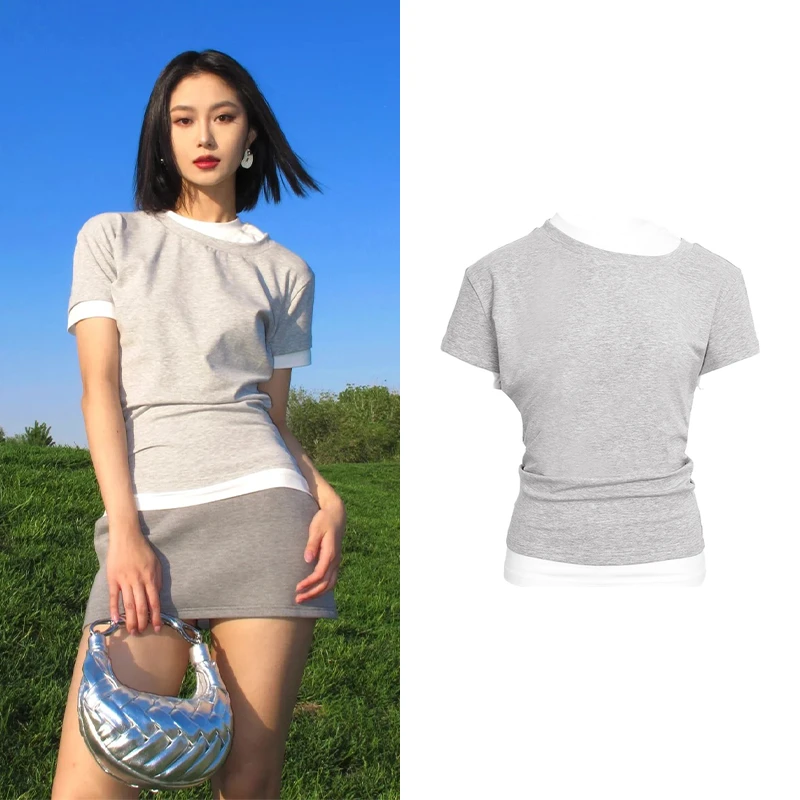 【明星同款】假两件T恤拼接短袖简约双领修身打底衫Z5745
