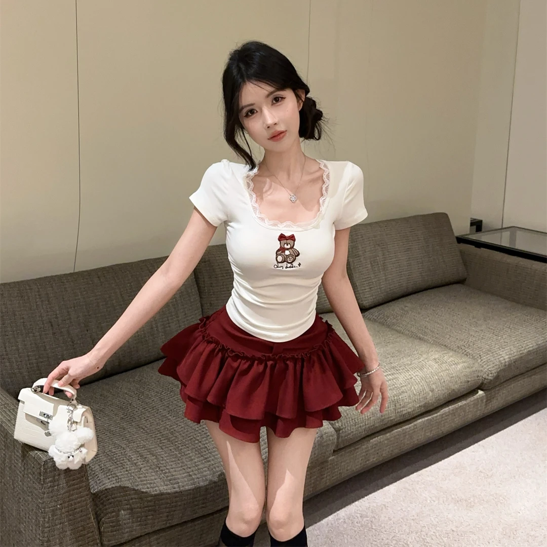 夏季甜辣纯欲风印花短袖T恤上衣女修身高腰蓬蓬裙蛋糕短裙两件套