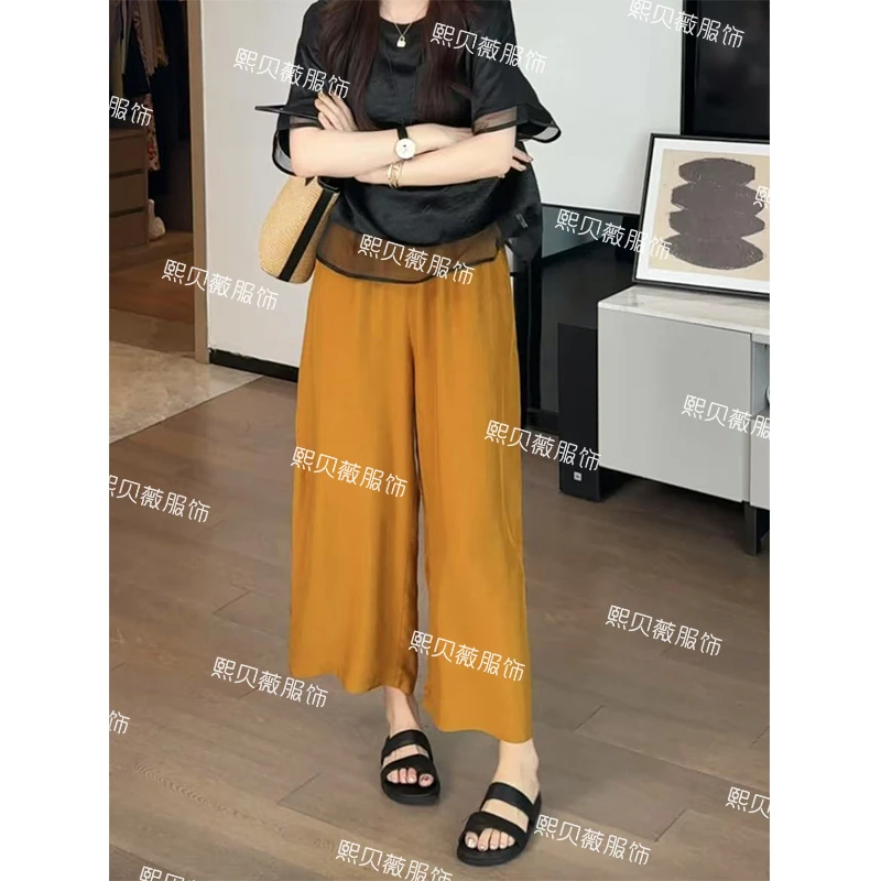 熙贝薇3 欧货100醋酸松紧腰缎面肌理感垂感直筒九分阔腿裤 G7986