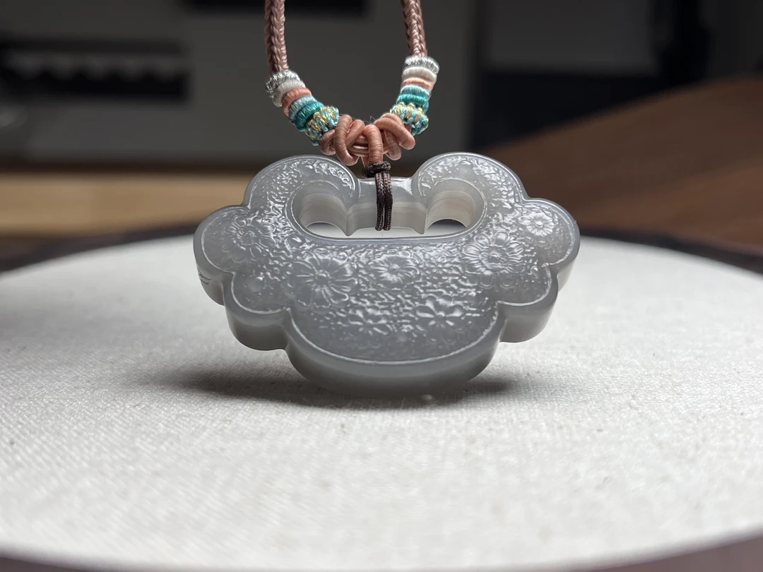 和田玉青海料烟紫大号百花锁平安如意锁挂件吊坠毛衣链