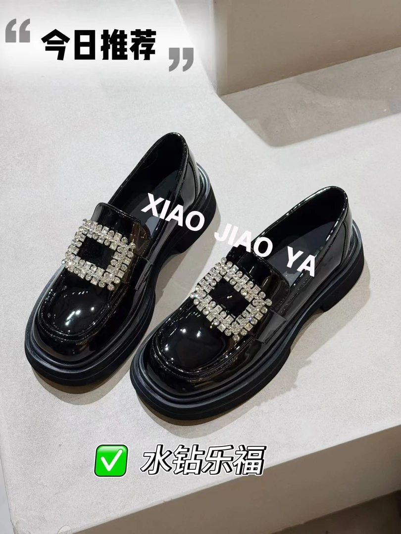 现XIAOJIAOYA【水钻乐福】“学院风小众设水钻计厚底乐福鞋”（跟高4）