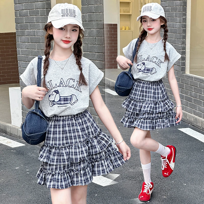 女童公主风夏季卡通动漫套装2025新款洋气童装中大童格子网红套装