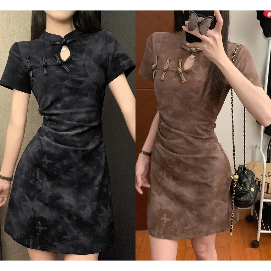 大码女装新中式设计感盘扣连衣裙立领气质扎染修身显瘦包臀裙