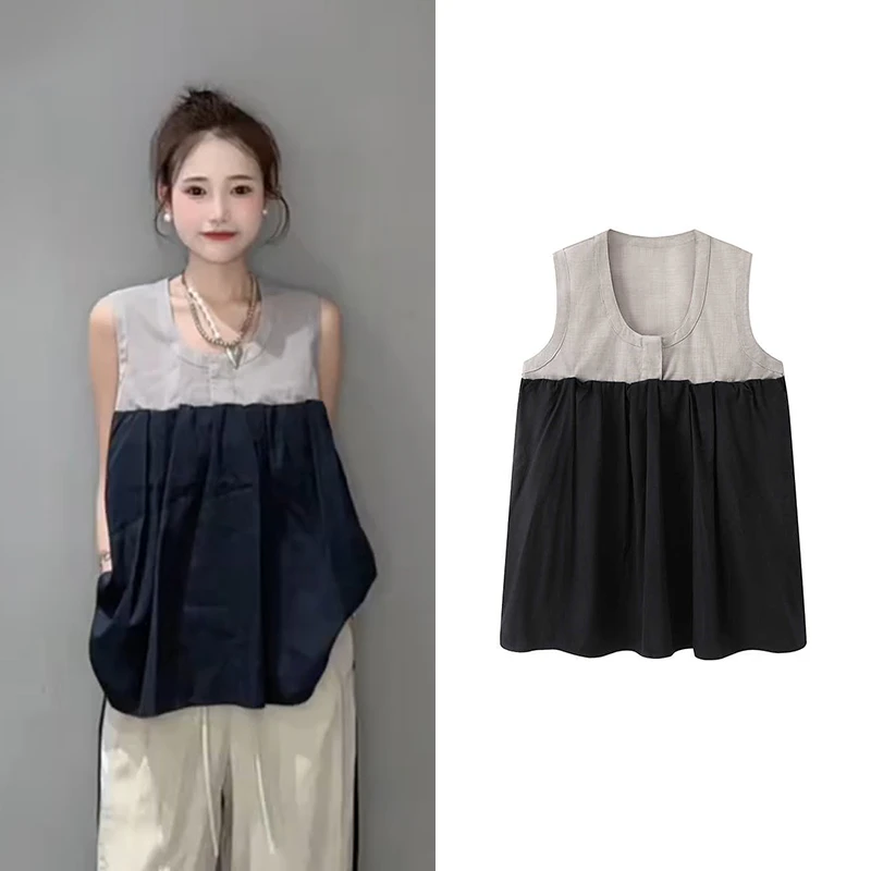 【衬衫】时尚百搭宽松气质休闲拼色圆领无袖衬衫T恤上衣女潮U6388