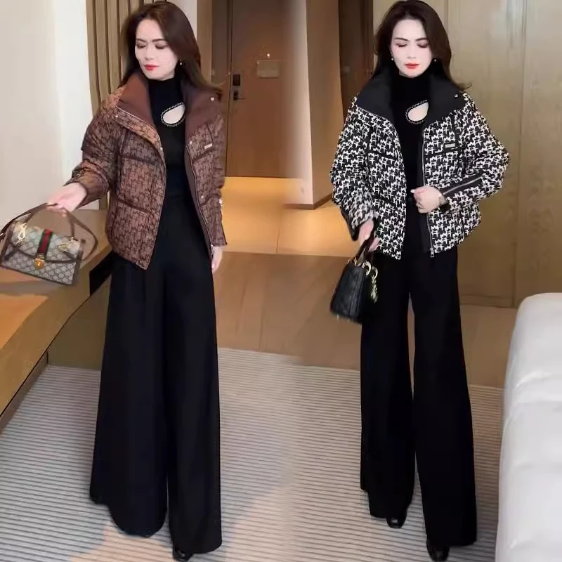 时尚千鸟格羽绒棉服女冬季新款洋气减龄显瘦立领加厚保暖棉衣外套