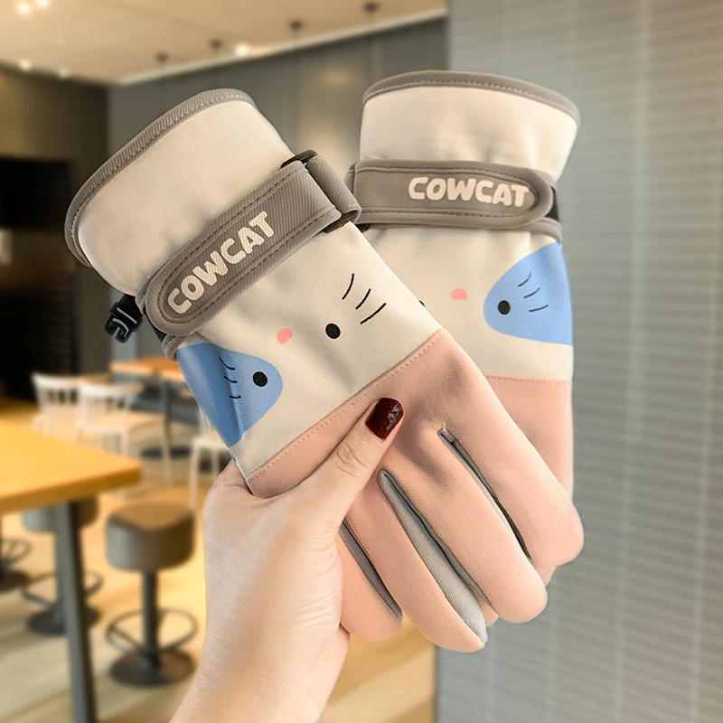 瑞莱奥手套女冬季新款可爱小猫加绒加厚保暖户外骑行防风防寒防滑