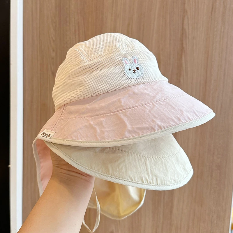 儿童夏季透气太阳帽披肩护脖可爱小熊拼色大檐防晒遮阳帽宝宝Q