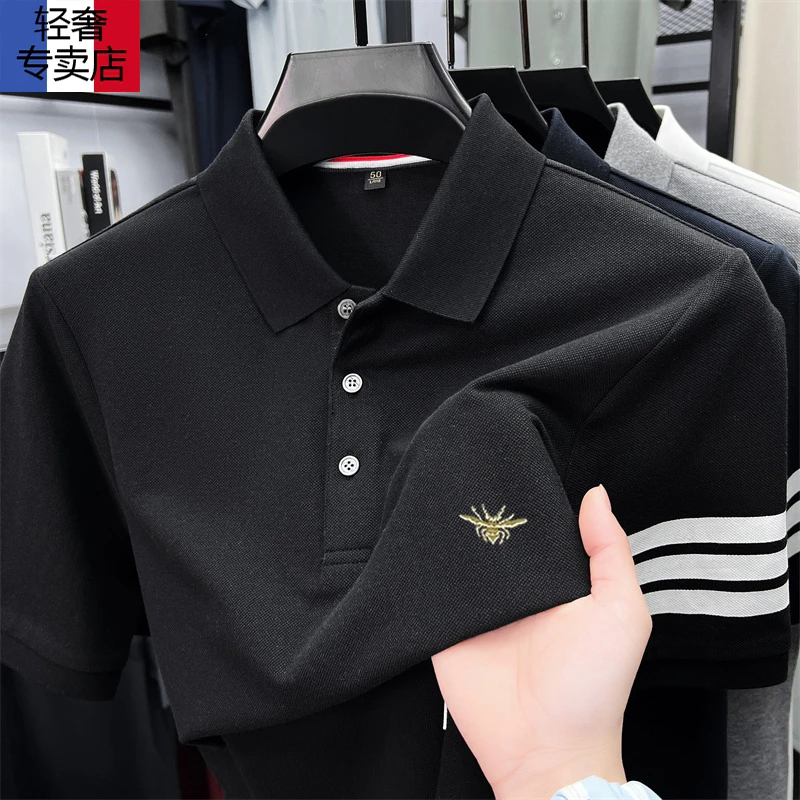 【法国高奢 EDDADIOR】小蜜蜂专版刺绣短袖POLO衫男高档条纹袖口T恤